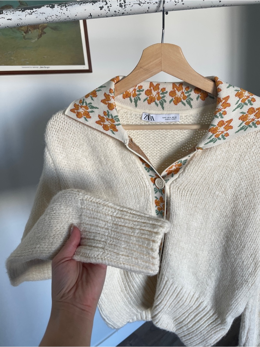 ZARA Cream Knit Cardigan with Orange Floral Collar